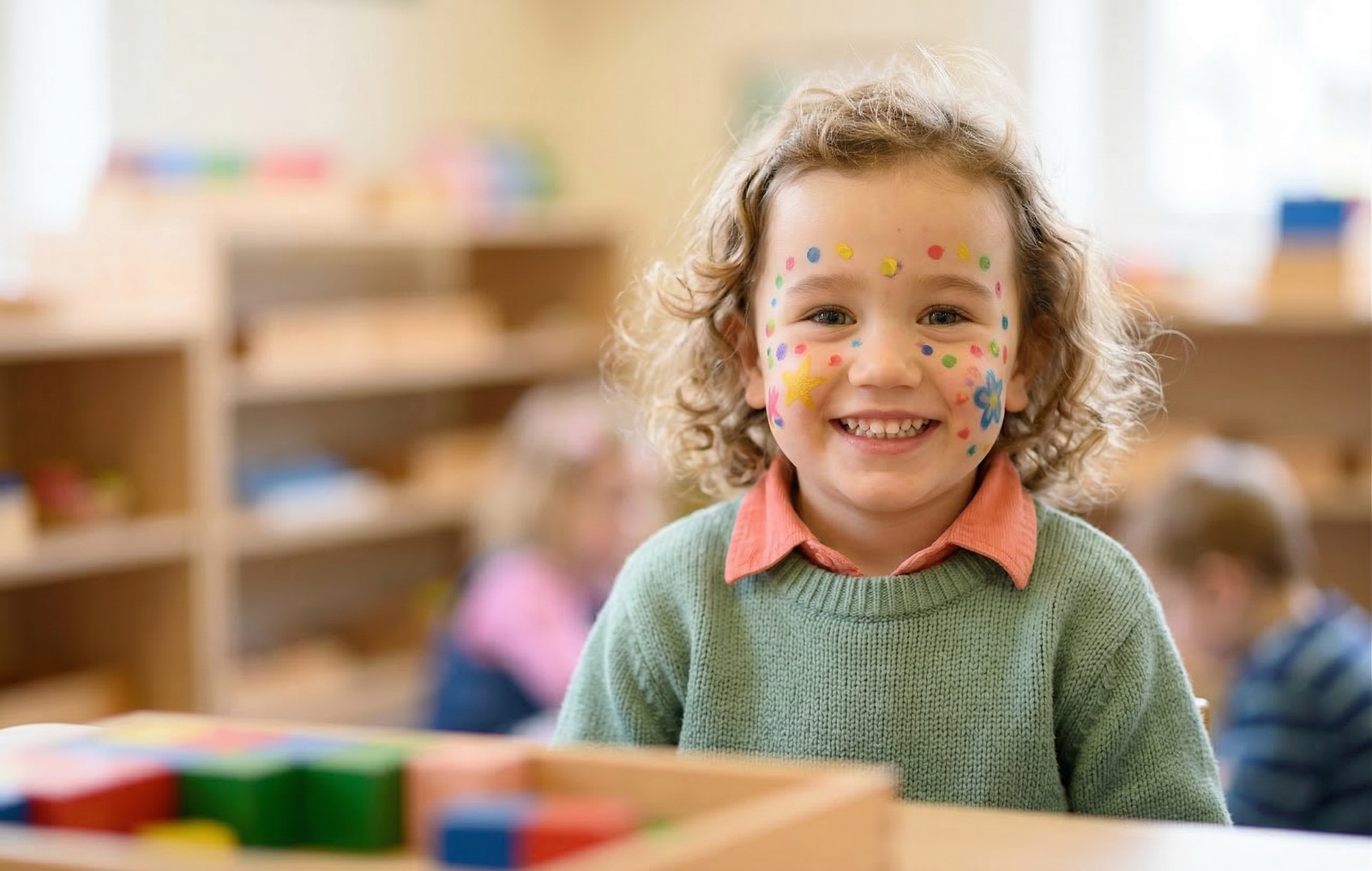 A smiling child with colourful face paint sitting at a table in a Montessori classroom