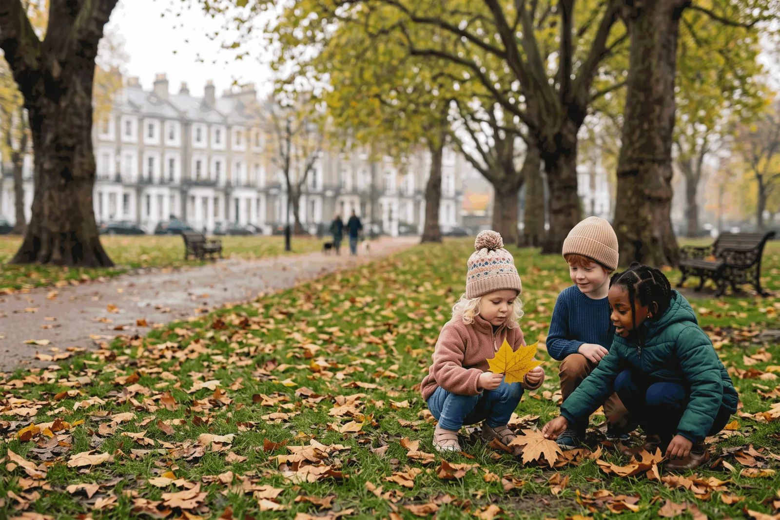 Three young children in hats and coats collecting autumn leaves in a London park